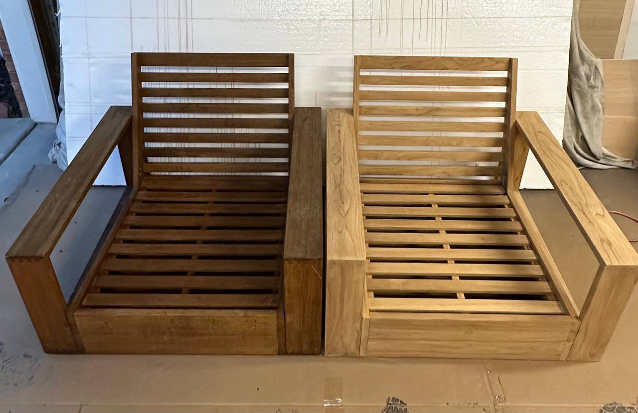 Side-by-side comparison of an uncleaned teak chair and a cleaned teak chair