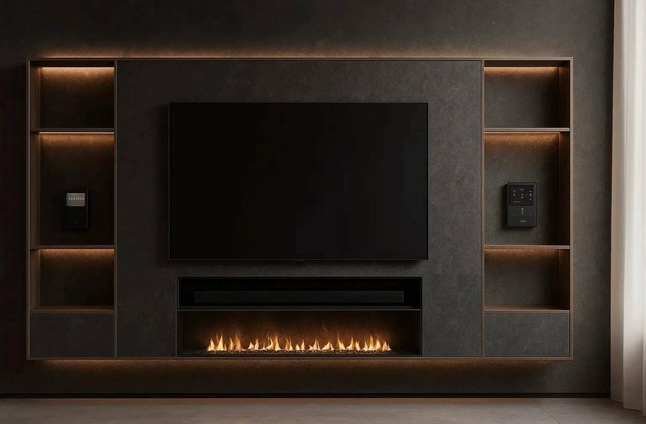 Dark Corian media wall