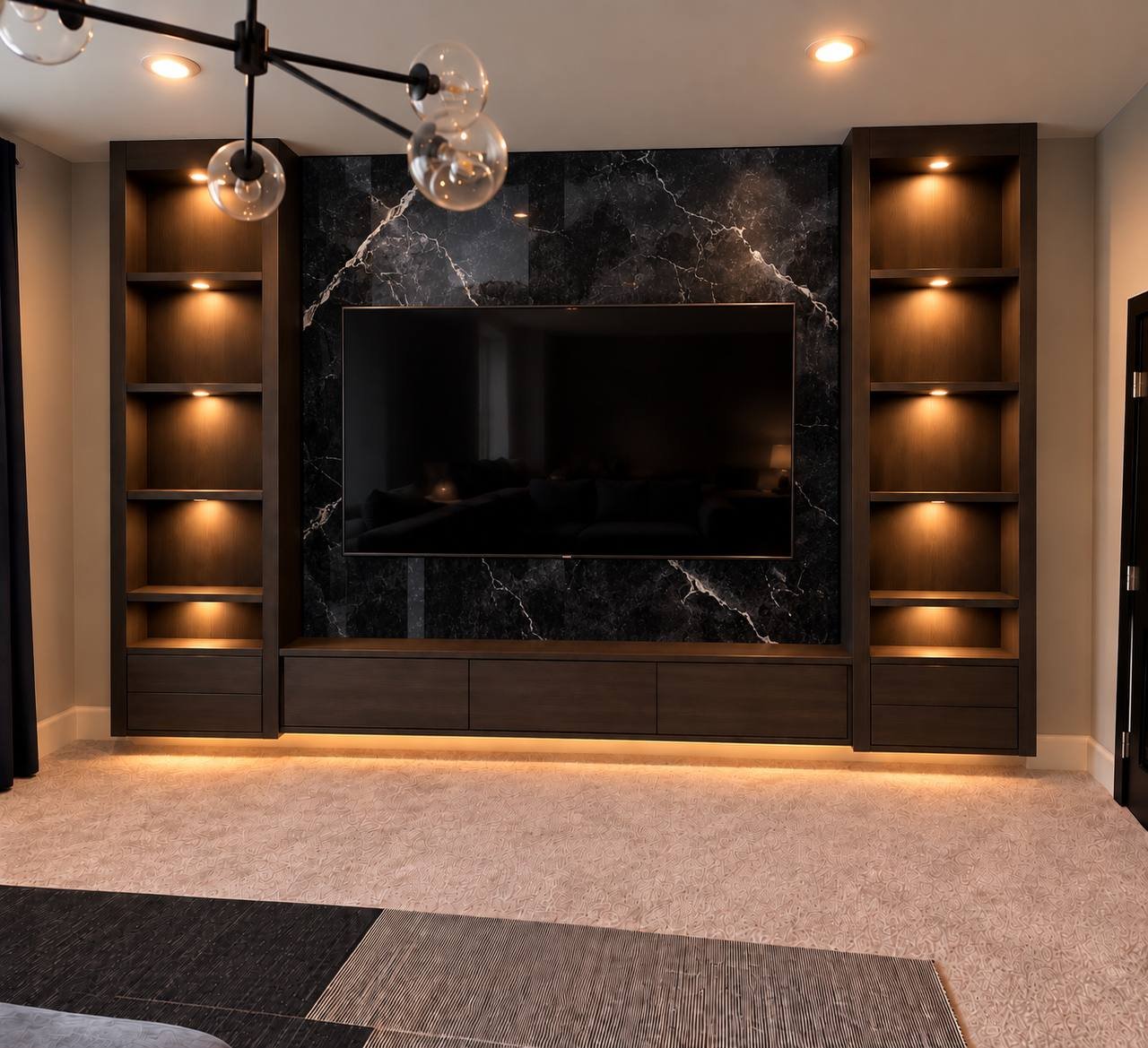 Media wall with stone-look panels and oak cabinetry