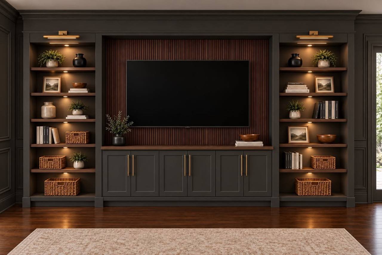 Media wall with painted cabinetry walnut and acoustic panels