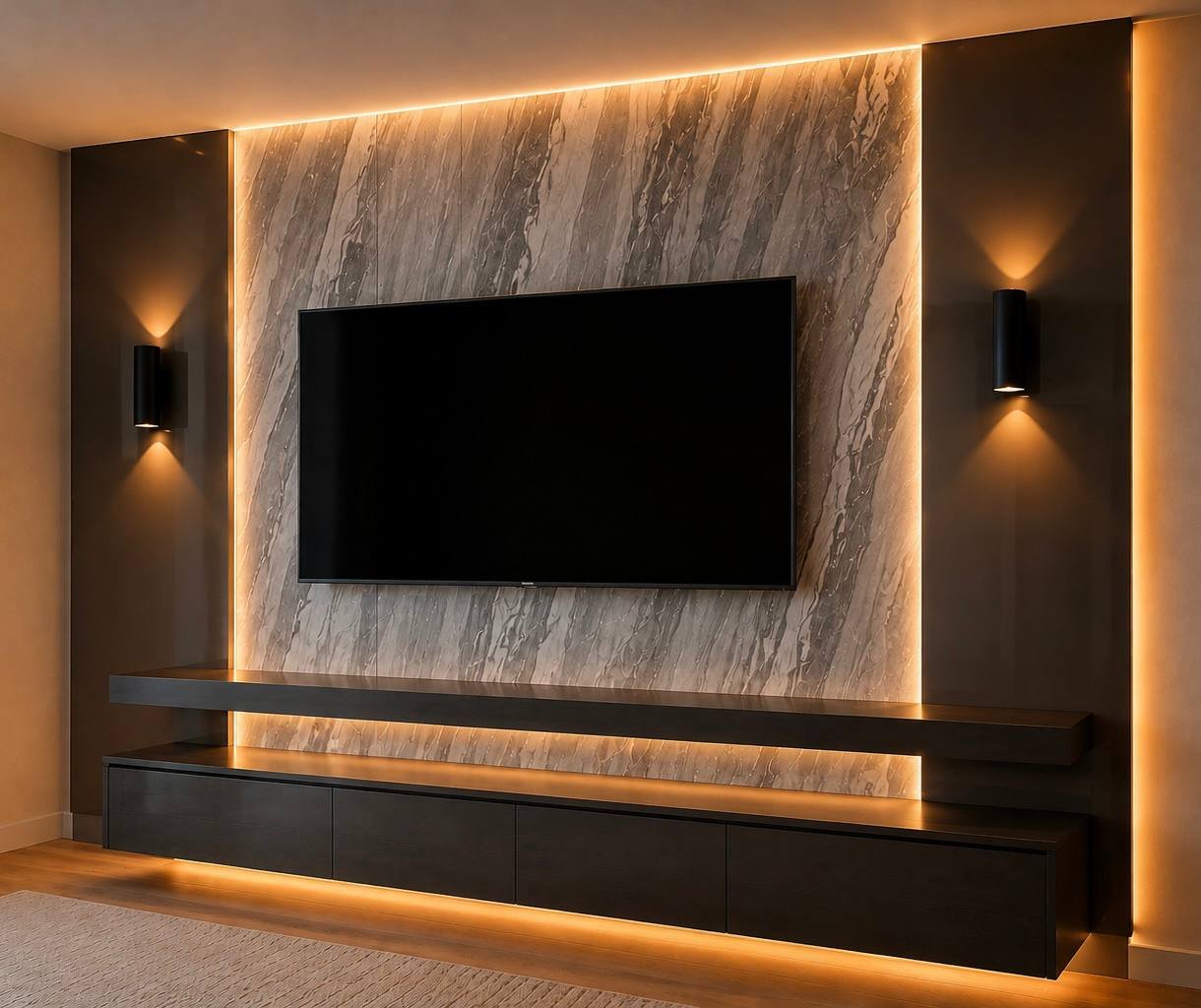 Media wall with painted cabinets and natural stone veneer
