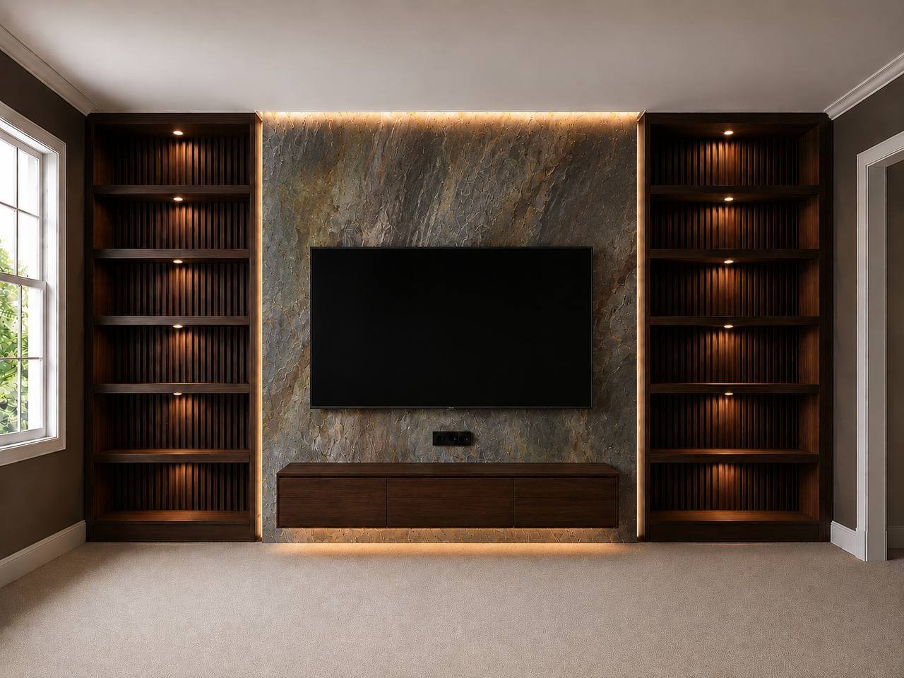 Oak media wall with natural stone veneer