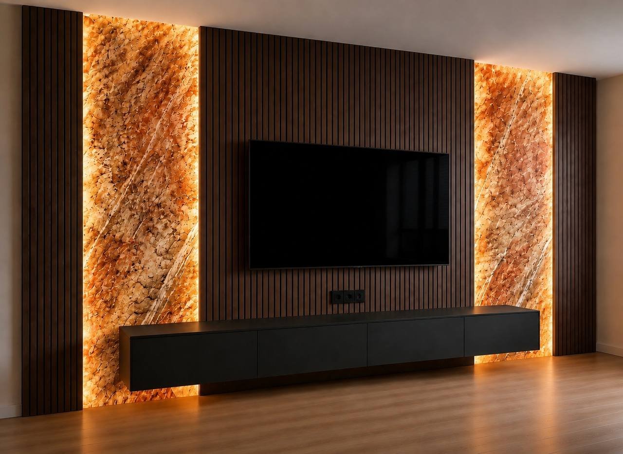 Media wall with illuminated stone veneer acoustic panels and painted cabinetry