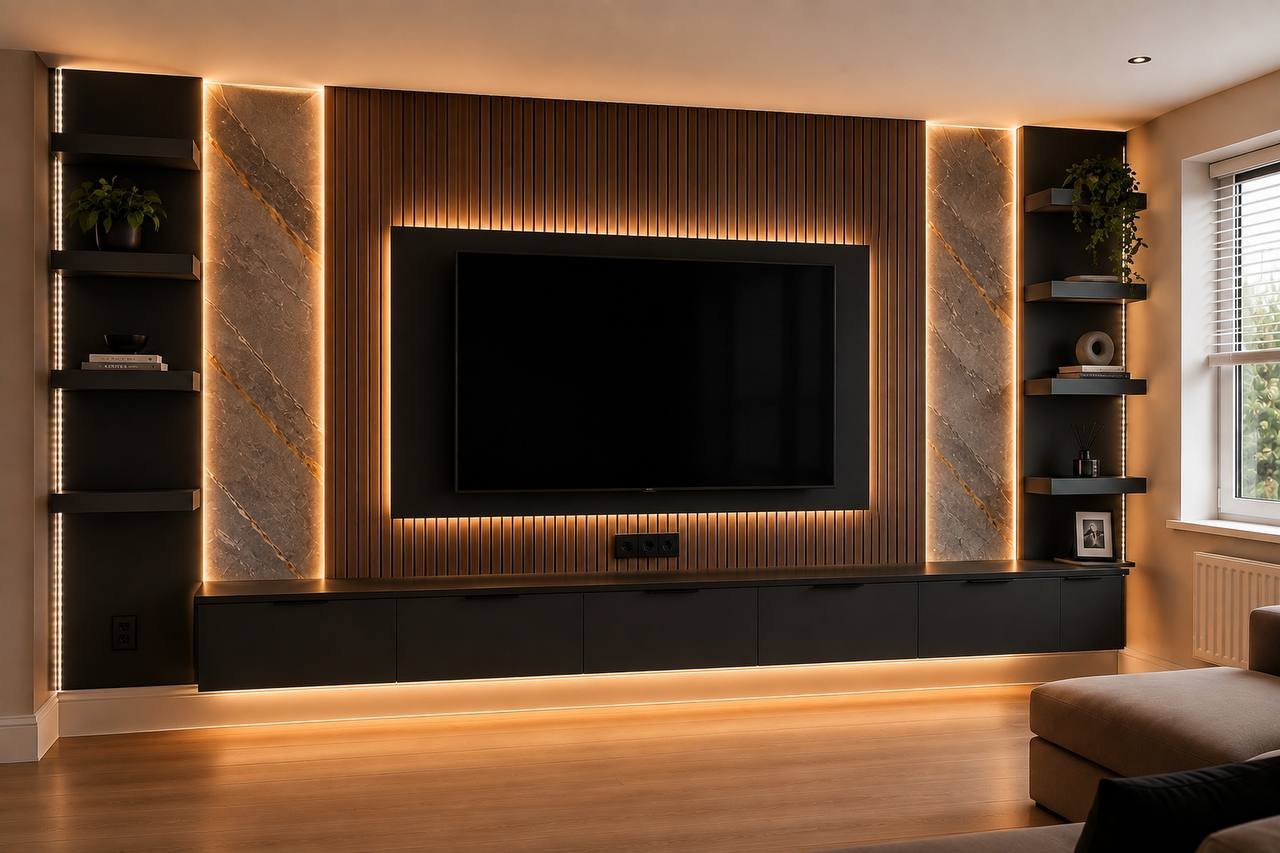 Custom media wall with natural stone veneer acoustic panels and painted cabinetry